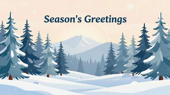Winter scene with trees and mountains wishing season's greetings