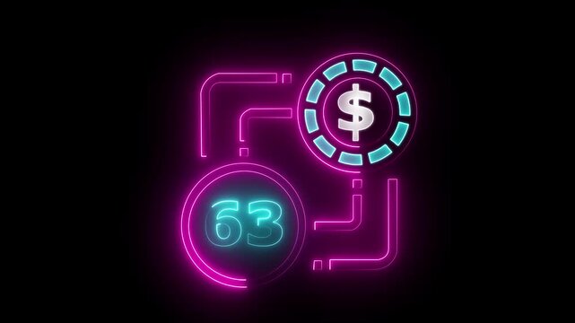 63 dollar sign text vibrant neon green on black background, financial wealth and currency concept. Neon check mark with payment successful. Confirmation, money transaction concept.