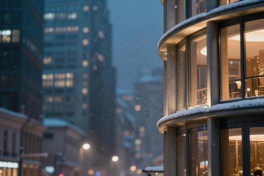 Snow falls softly on a modern building in an urban setting during evening hours