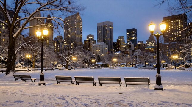 City park covered in snow with lights and buildings at dusk