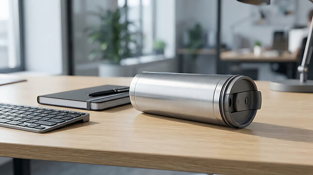 Silver metal travel mug on a modern office desk with a notebook and keyboard