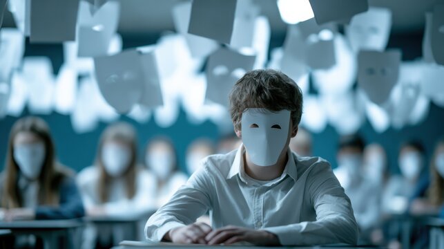 A student wearing a white mask sits in a classroom filled with other masked students, creating an atmosphere of anonymity and conformity