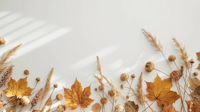 Autumn Leaf Arrangement with Dried Grass, Flowers, and Seed Head on White Background