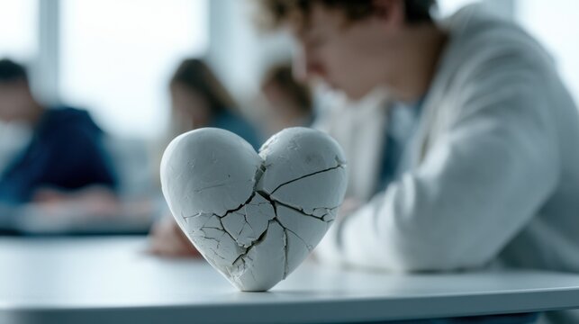 A shattered heart symbolizing heartbreak and sadness, with a blurred background of students in a classroom
