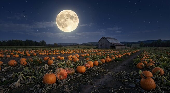 Bright full moon over a pumpkin patch at night. Autumn harvest field with orange pumpkins and an old barn. Halloween background