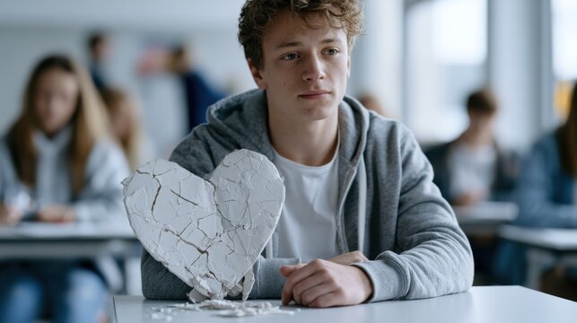 A young man in a classroom sits with a broken heart sculpture in front of him, looking forlorn. The image evokes a sense of heartbreak and sadness.
