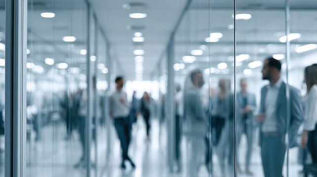 Blurry image of people in a modern office hallway. Many people are seen in groups or individually, some talking, some standing and looking, with glass walls reflecting the light.
