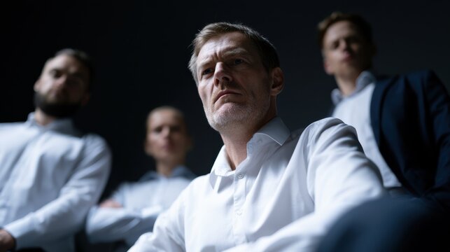 A group of four people in suits, with a determined leader in the foreground, looking upwards. The atmosphere is serious and intense.