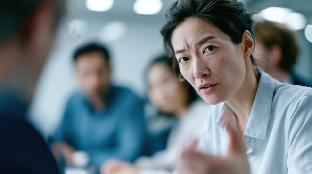 An assertive woman is speaking intently during a business meeting, looking directly at the viewer with a determined expression. Her colleagues are blurred in the background.