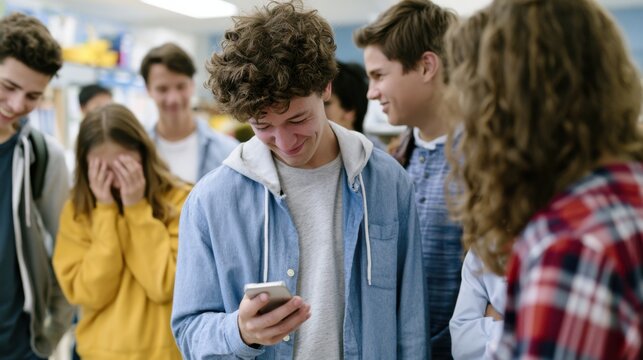 A group of teenagers laughing at a phone in a school hallway, one girl covering her face in embarrassment