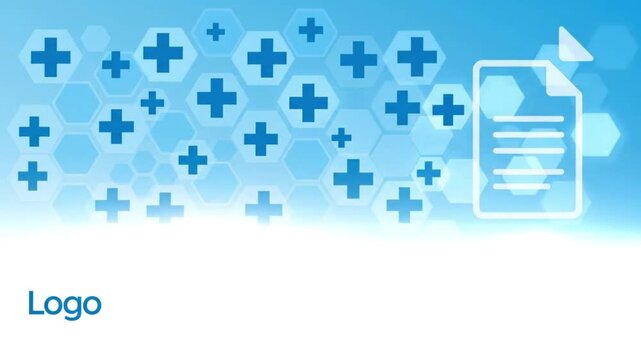 Medical background with blue plus signs in hexagonal patterns and a document icon on the right, professional healthcare concept for medical records and insurance documentation