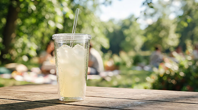 Cold refreshing lemonade in a plastic cup sitting on a wooden table in the park