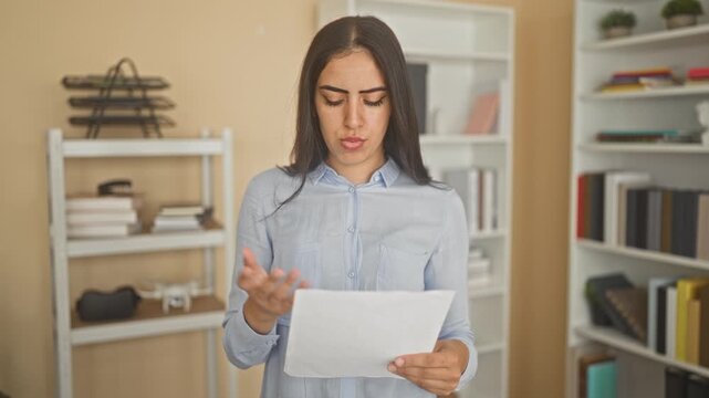 Young arab woman reading a document, hand pressed to forehead, standing in a small office building amid shelves and books; concern.