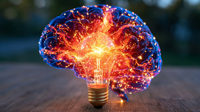Bright illustration of a human brain seamlessly merging with a glowing light bulb, symbolizing idea generation creativity and innovative thinking, clean modern digital art style, vivid color palette