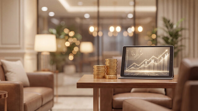 Digital tablet displaying glowing financial growth charts stands beside stacks of gold coins in a luxury office.