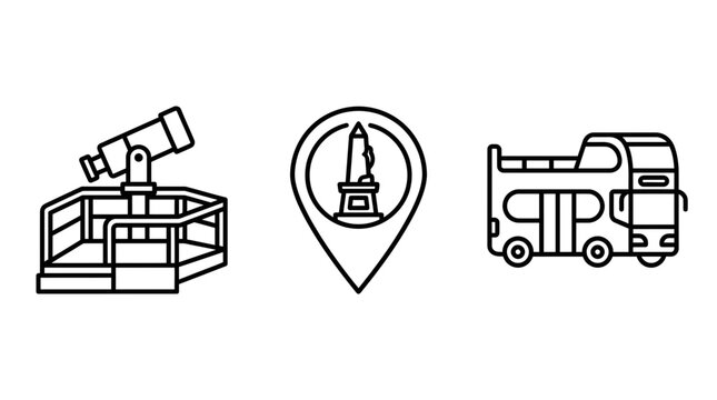 Tourism and sightseeing vector icon set featuring observation deck telescope landmark pin and double decker bus