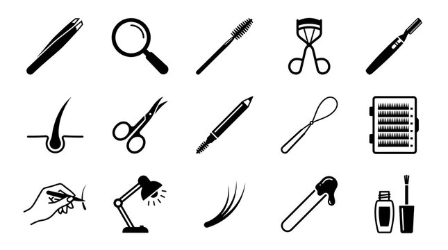 Set of black and white line art icons representing professional eyelash extension tools and beauty salon equipment for eye makeup and lash treatment