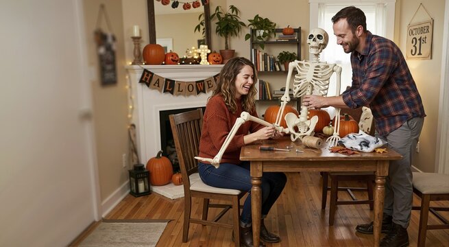 Happy couple assembling a skeleton decoration at a wooden table. Halloween preparations and home decorating in a cozy living room