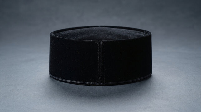 Traditional black velvet peci songkok cap for Muslim men isolated on dark slate background studio shot ideal for Islamic holiday concepts