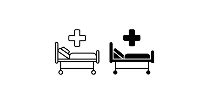 Medical hospital bed icons set with patient care symbols for healthcare applications.