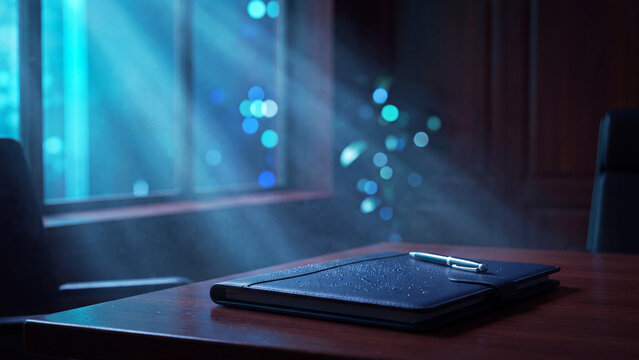 Leather folder and metallic pen rest on an executive office desk illuminated by dramatic blue window light.