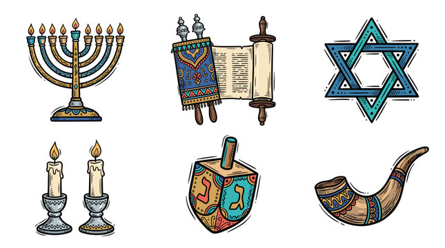 menorah torah and star of david set of illustrations for hanukkah holiday design and ornamental background print