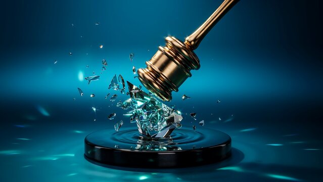 Golden gavel striking and shattering glass on a dark blue surface, symbolizing judgment, law, justice, decision, and legal authority