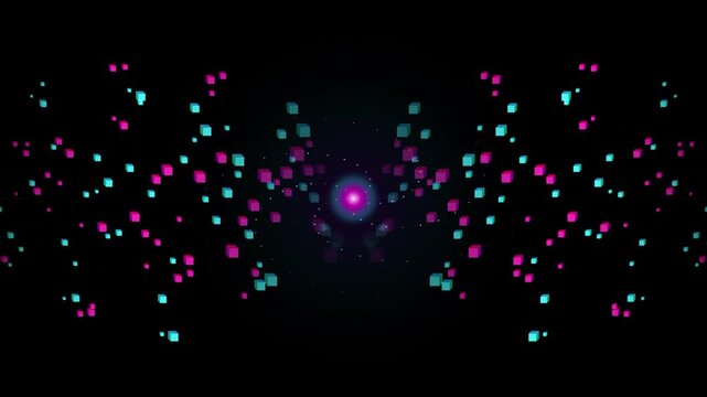 A premium motion graphic featuring symmetrical 3D voxel streams colliding into a glowing pink and cyan cybernetic vortex. Perfect for tech promos, futuristic stream overlays, and high-energy music con