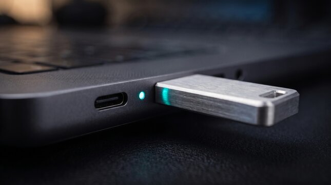 Brushed Metal Hardware Security Key Inserted into Laptop for Zero Trust Authentication

