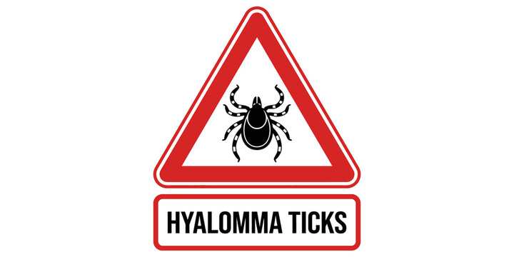 Warning sign with tick illustration and hyalomma ticks text.