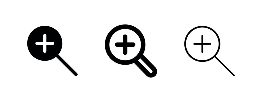 Zoom in icon with magnifying glass and plus symbol, solid, outline, and line art