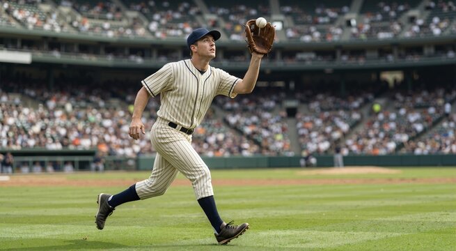 Outfielder in vintage pinstripe uniform catching a fly ball. Baseball player running on green grass field. Action shot in a crowded stadium