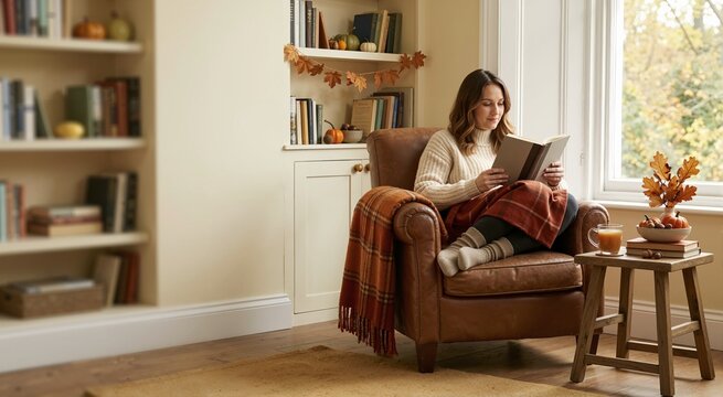 Woman reading a book in a leather armchair. Cozy autumn reading nook with fall home decor