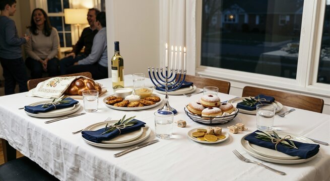 Hanukkah table setting with lit menorah and traditional food. Potato latkes and sufganiyot donuts on festive dinner table with family in background