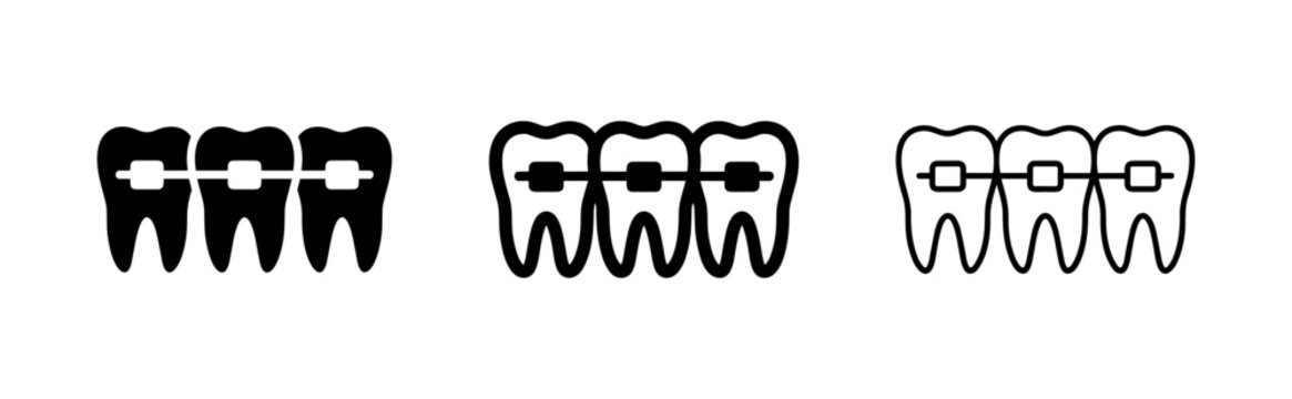 Set of teeth with braces icons, in black fill, outline with fill, and outline styles