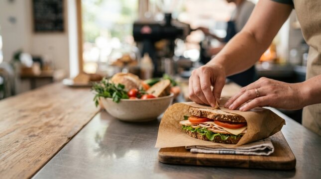 Hand preparing a fresh gourmet sandwich in a bright kitchen setting