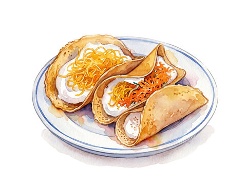 Watercolor Illustration of Traditional Thai Khanom Buang Crispy Pancake
