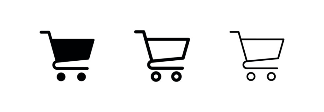 Shopping cart icon set: solid black, outlined, and minimal outline on white background