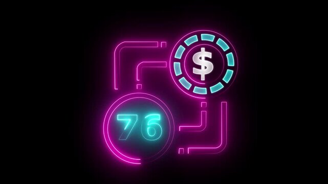 76 dollar sign text vibrant neon green on black background, financial wealth and currency concept. Neon check mark with payment successful. Confirmation, money transaction concept.