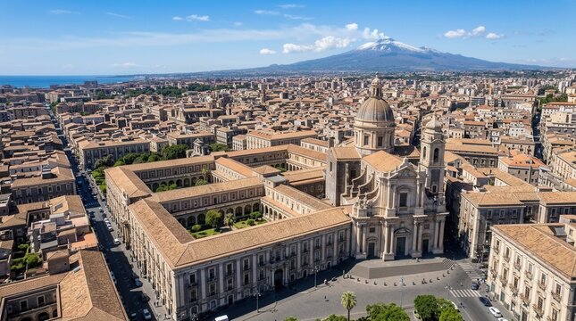 Aerial View of Catania, Sicily: Benedictine Monastery and Mount Etna Volcano Under Blue Sky