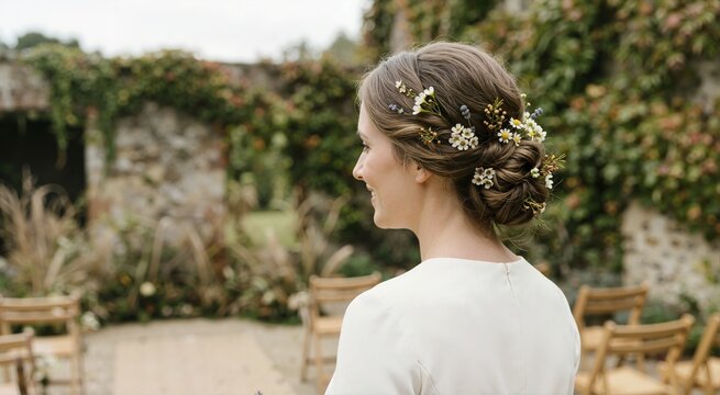 Bride showcasing elegant floral hairstyle in outdoor wedding venue. Back view of woman with delicate flower blossoms in braided bun