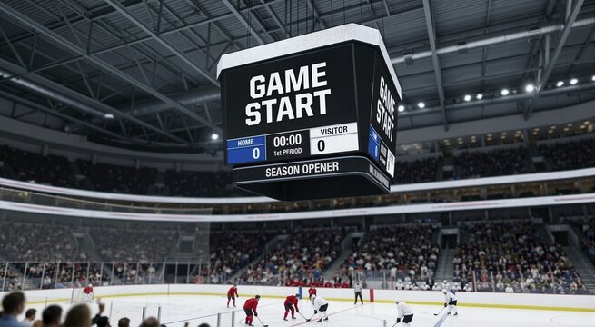 Large jumbotron scoreboard displaying game start in crowded hockey arena. Season opener match with players on ice. Professional stadium background