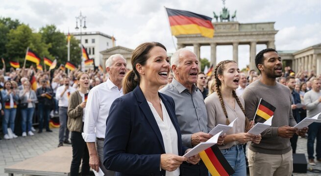 Crowd of people singing together holding German flags in front of Brandenburg Gate. German Unity Day celebration in Berlin