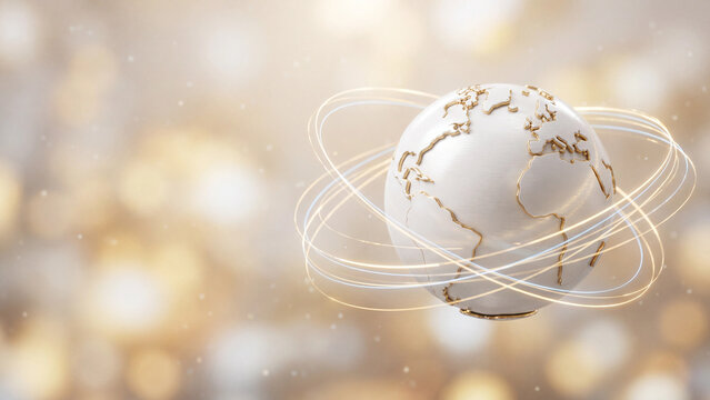 Stylized golden globe with glowing orbital rings floats gracefully against a sparkling abstract bokeh background.
