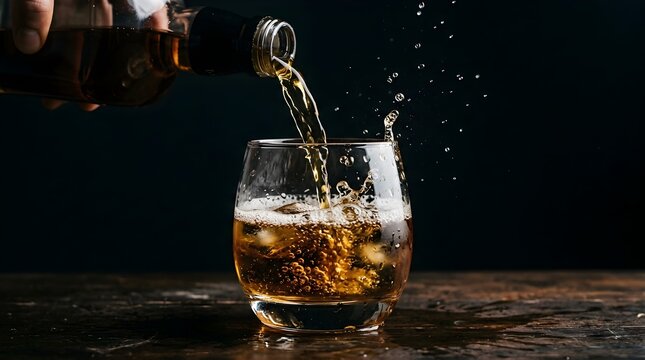 Whiskey being poured from a bottle into a glass with ice on dark background