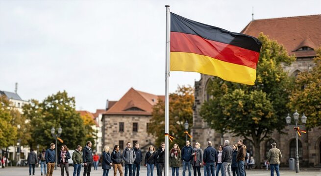 German flag waving on flagpole in public town square. Group of people celebrating German Unity Day