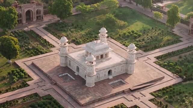 Aerial view of baby taj, also known as itimad ud daulah tomb, an iconic mughal mausoleum in agra, india