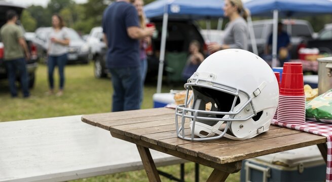 White football helmet on wooden picnic table at stadium tailgate party. Game day tailgating celebration with red plastic cups and blurred crowd
