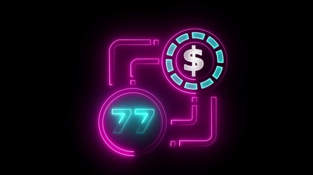 77 dollar sign text vibrant neon green on black background, financial wealth and currency concept. Neon check mark with payment successful. Confirmation, money transaction concept.
