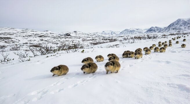 Line of wild lemmings running across snowy tundra landscape. Arctic wildlife migration in winter mountain environment